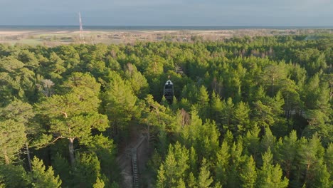 Aerial-view-of-modern-boat-shaped-observation-watchtower-in-the-middle-of-pine-tree-forest,-Nordic-woodland,-forest-trail,-sunny-evening,-golden-hour-light,-wide-drone-shot-moving-forward,-tilt-down