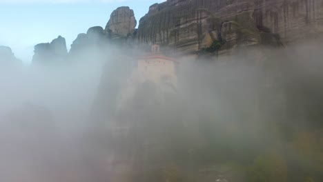 4K-What-Heaven-Looks-Like,-Ascending-into-the-Clouds,-Ancient-Monastery-in-the-Fog,-Meteora-Greece,-St
