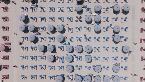 Top-down-aerial-footage-of-tourists-under-blue-umbrellas-and-on-blue-chairs-at-the-beach-in-Bari,-Italy-during-the-day