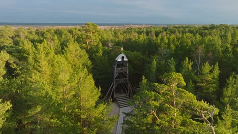 Aerial-view-of-modern-boat-shaped-observation-watchtower-in-the-middle-of-pine-tree-forest,-Nordic-woodland,-forest-trail,-sunny-evening,-golden-hour-light,-drone-shot-moving-forward-over-treetops