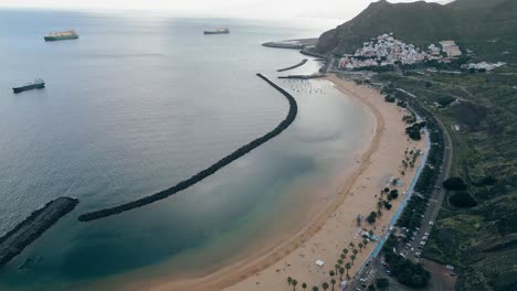 Aerial-view-of-Las-Teresitas-Beach-in-Tenerife-on-a-calm-and-cloudy-day