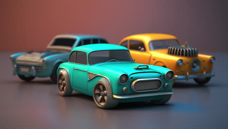 Sammlung-Bunter-Miniatur-Spielzeugautos-Im-Vintage-Stil,-Makro-Studioaufnahme-Von-3-Modellfahrzeugen