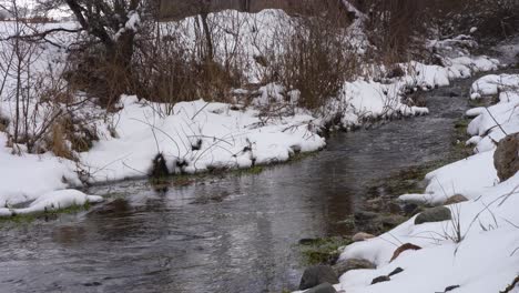 Clean-cold-water-of-mountain-creek-streaming-through-stones-covered-in-white-snow