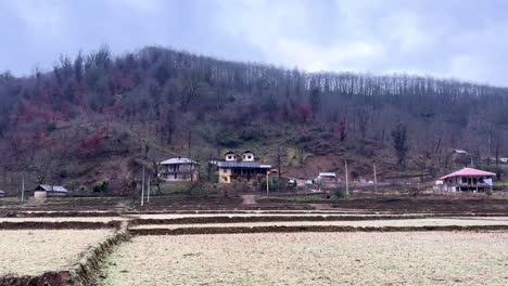 Scenic-view-of-a-forest-cabin-twin-hut-traditional-wooden-cottage-local-house-in-north-of-Iran-in-Hyrcanian-jungle-tree-covered-hills-in-background-cloudy-sky-autumn-winter-amazing-view-of-eco-lodge