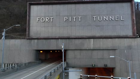 Aerial-shot-of-Fort-Pitt-Tunnel-sign-in-Pittsburgh-PA