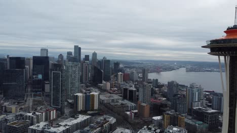 Aerial-View-of-Downtown-Seattle-USA,-Skyscrapers,-Towers-and-Space-Needle,-Drone-Shot