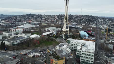 Aerial-View-of-Seattle-WA-USA,-Downtown-Neighborhood-and-Space-Needle-Tower,-Drone-Shot