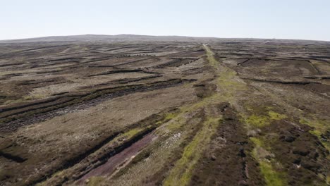 Drone-shot-of-a-peat-land,-containing-peat-banks-used-for-cutting-peat-for-fuel