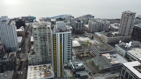 Seattle-Washington-USA-Belltown-Neighborhood-and-Bayfront,-Buildings-and-Streets,-Drone-Shot