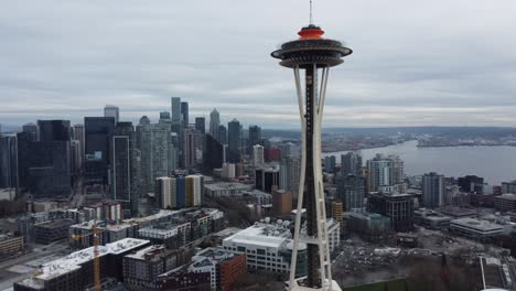 Seattle-WA-USA-Cityscape-Skyline,-Aerial-View-of-Downtown-Buildings-and-Space-Needle-Tower