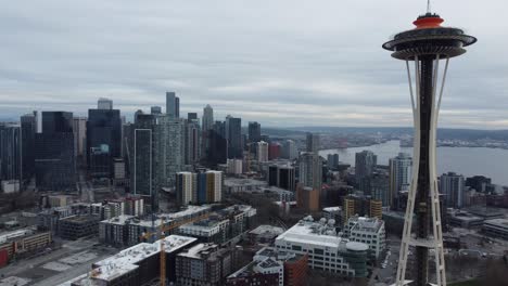 Downtown-Seattle-WA-USA-Cityscape-Skyline,-Skyscrapers-of-Belltown-and-Space-Needle-Tower,-Drone-Shot