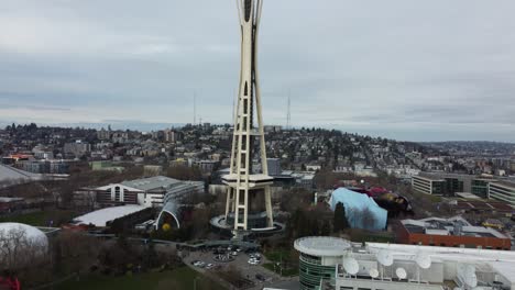 Slow-Aerial-Pedestal-Shot-Of-The-Seattle-Space-Needle-Featured-In-The-Movie-"Sleepless-In-Seattle"