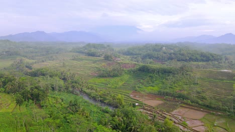 Vista-Aérea-Del-Hermoso-Paisaje-Del-Paisaje-Tropical-Con-Vista-A-La-Plantación-Y-Al-Río-Con-Montaña-En-El-Fondo---Paisaje-Rural-De-Indonesia