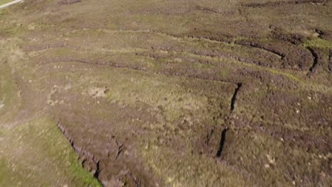 Tilting-drone-shot-of-peat-cutters-driving-a-tractor-full-of-peat-home-near-their-peatland