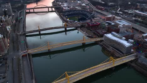 Aerial-tilt-up-reveal-of-Pittsburgh-Bridges