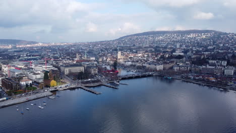 Panoramic-view-of-Zurich.-Aerial-flying-backwards