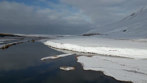 Ruhiger-Fluss-Durch-Verschneite-Berglandschaft-Im-Wunderschönen-Island,-Luftaufnahme