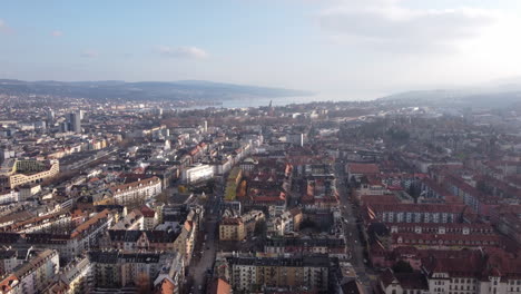 Aerial-establishing-shot-over-historic-Zürich-city-in-the-heart-of-Switzerland