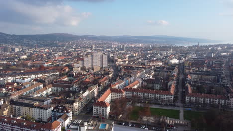 Aerial-rising-over-Zurich-downtown-on-beautiful-day