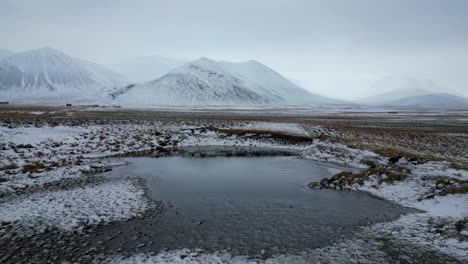 Lago-En-El-Campo-De-Islandia-Con-Un-Majestuoso-Telón-De-Fondo-De-Montañas-Cubiertas-De-Nieve,-Antena