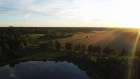 Aerial-view-over-preserved-nature-with-fields-and-trees-on-golden-hour