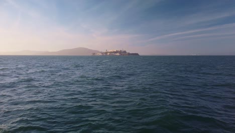 Gimbal-static-shot-of-Alcatraz-Island-from-the-San-Francisco-shoreline-in-California