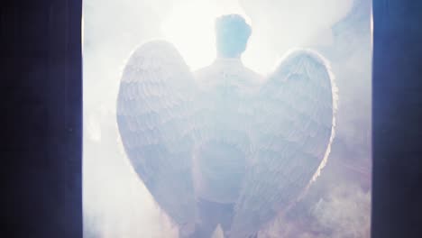 Cinematic-back-shot-of-a-LGTB-man-with-angel-wings-and-a-White-light-in-the-background-in-a-smoke-ambient