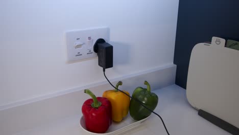 female-model-plugging-in-a-power-adapter-plug-and-turning-on-then-off-a-white-power-switch-in-a-kitchen