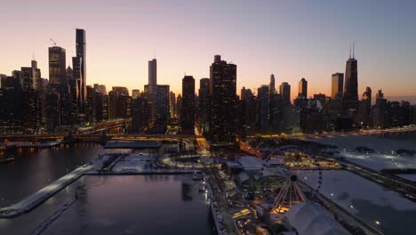 Aerial-view-around-Polk-Bros-Park-at-the-Navy-pier,-vibrant-dawn-in-Chicago,-USA