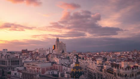 Madrid-Gran-Via-Skyline-during-cloudy-sunset-timelapse-day-to-night