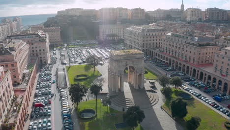 Epic-aerial-shot-of-Victory-Arch-in-Genoa,-Italy---World-War-I-memorial