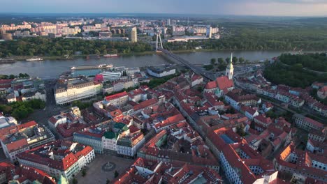 Aerial-shot-overhead-of-Bratislava-castle-during-sunset