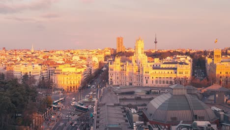 Madrid-Cibeles-and-Town-Hall-during-sunset-timelapse-day-to-night-aerial-view