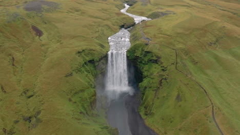 Aerial:-Panoramic-shot-of-Skogafoss-waterfall-in-Iceland
