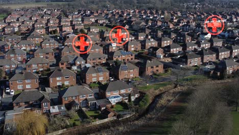 Multiple-medical-red-cross-symbols-flashing-above-neighbourhood-house-rooftops-aerial-view