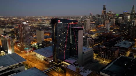 Aerial-view-around-the-Wintrust-Arena-and-the-Marriot-Marquis-Chicago-hotel,-colorful-morning-in-Midwest-USA