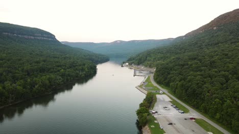 Discharge-and-pump-station-of-Raccoon-Mountain-Reservoir,-aerial-view