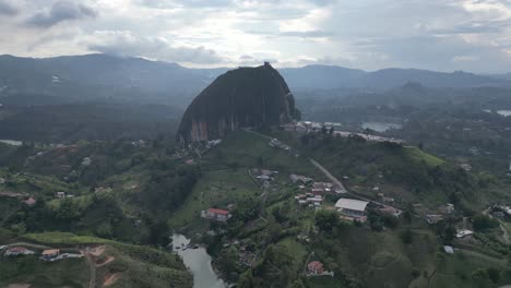 Aerial-view-from-a-drone-of-La-Piedra-del-Penol-and-the-Guatape-reservoir-near-Medellin,-Antioquia,-Colombia