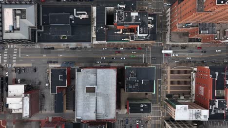 Top-down-aerial-of-traffic-and-buildings-in-American-city