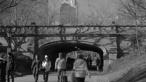 Gente-Caminando-Bajo-El-Puente-De-Arco-Driprock-En-Central-Park,-Nueva-York,-Estados-Unidos