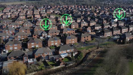 Multiple-green-arrow-symbols-flashing-above-neighbourhood-house-rooftops-aerial-view