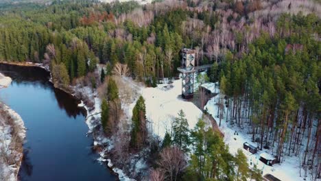 Aerial-View-of-Anyksciai-Laju-Takas,-Treetop-Walking-Path-Complex-With-a-Walkway,-an-Information-Center-and-Observation-Tower,-Located-in-Anyksciai,-Lithuania-near-Sventoji-River