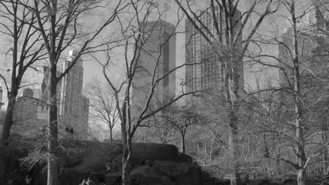 Monochromes-Bild-Von-Menschen,-Die-An-Einem-Sonnigen-Wintertag-In-New-York,-USA,-Auf-Felsen-Im-Central-Park-Klettern