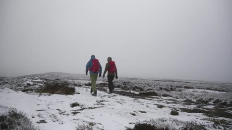 Dos-Personas-Caminando-Por-La-Tundra-Invernal-Abierta,-Nublada-Y-Congelada