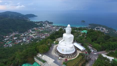 Fly-round-of-Tian-Tan-Buddha-in-Phuket,-Thailand