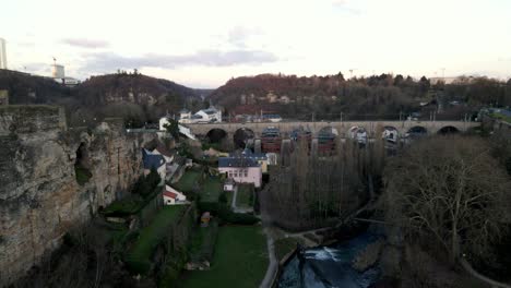 aerial-drone-shot-near-old-bridge-in-grund-Luxembourg-City-center