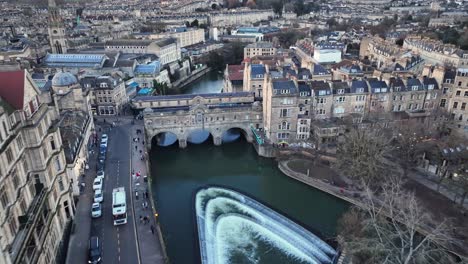 Aerial-view-of-the-river-avon-in-bath-during-sunset