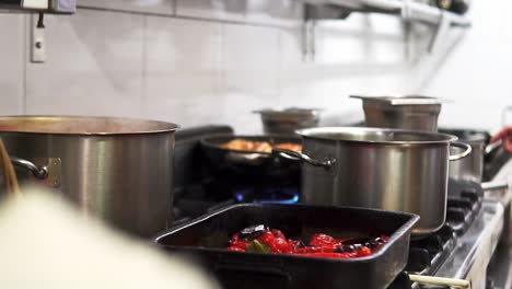 Panning-shot-of-a-chef-cooking-a-delicious,-long-prepared-meal-on-the-ceramic-hob-with-pots