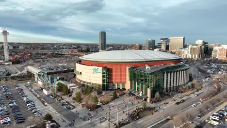 Aerial-view-of-people-entering-Ball-Arena-in-Denver
