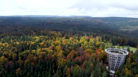 Panning-aerial-drone-shot-of-Baumwipfelpfad-Schwarzwald,-Germany